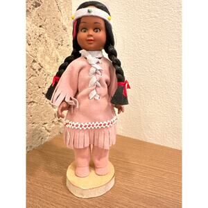 Vintage Doll Native American Punk Suede Leather Beaded Braids with Wood Stand 8”